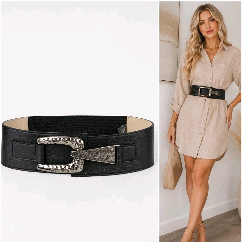 Vince Camuto Wide Stretch Belt S Black Hammered Metal Steampunk Pirate Statement